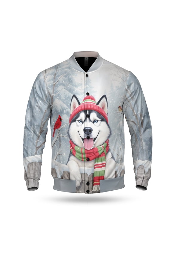 Playful Siberian Husky Welcomes Winter Snowy Day with Cardinal Bird All Over Print 3D Baseball Jacket Husky Dog Lover Gifts Bomber Jacket Softball - 12017
