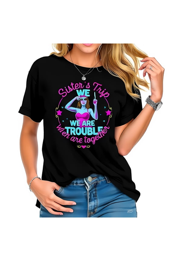 Playful Sisterhood Graphic Cotton Short Sleeve T-Shirt with Colorful Text & Star Design - Casual Fun Tee for Adventures