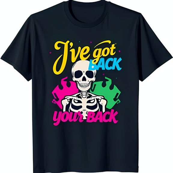 Playful Skeleton Graphic T-Shirt 'I've Got Your Back' Design on Black