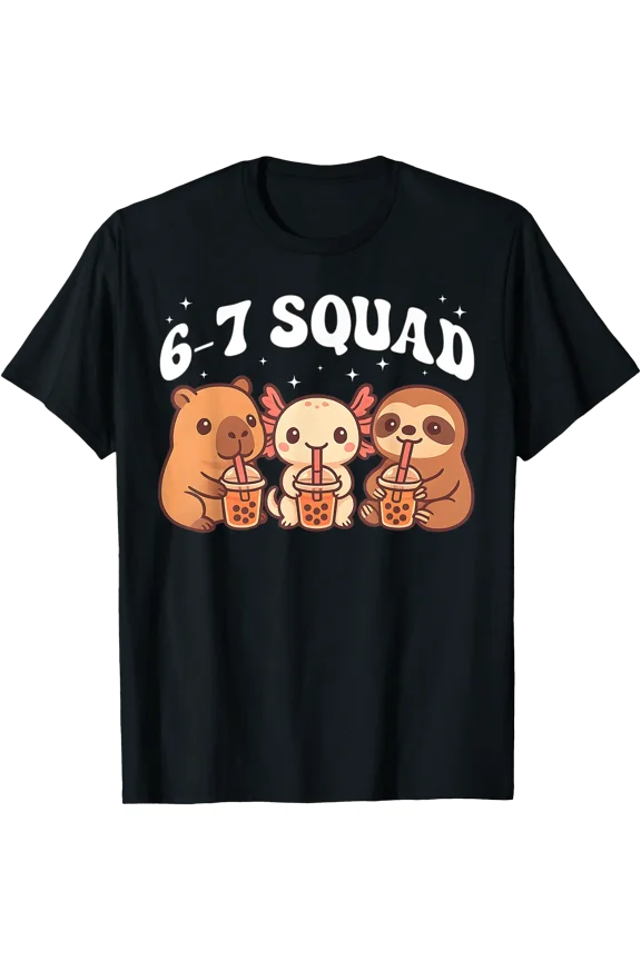 Playful Sloth Axolotl Capybara T-Shirt for Fun and Friendship with '6-7 SQUAD' Design