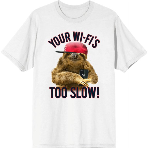 Playful Sloth - Your Wi-Fi's Too Slow! Adult White Crew Neck Short Sleeve Tee-Small