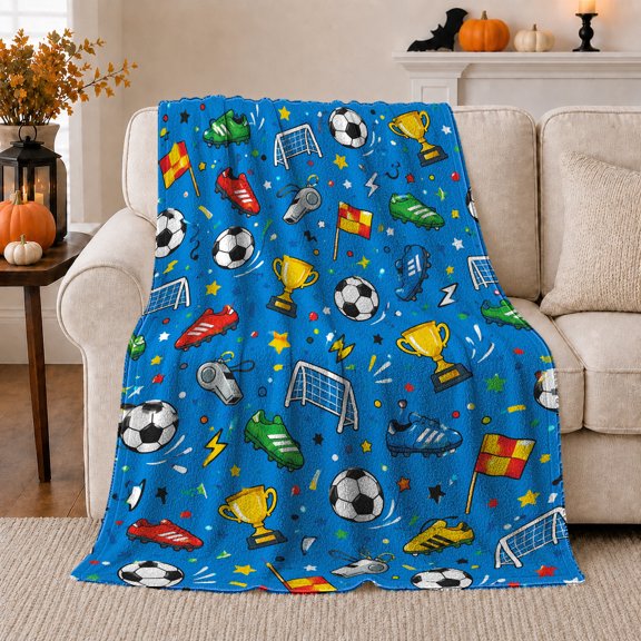 Playful Soccer Scene Balls Cleats Blue Energetic Cartoon, Playful Celestial Scene, Warm Flannel Blanket for Living Room and Bedroom, Celestial Art Lovers Housewarming Gift, Celestial Home Decor