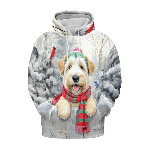 Playful Soft Coated Wheaten Terrier Welcomes Winter Snowy Day with Cardinal Bird All Over Print 3D Hoodie Unisex Merch Hoodies Wheatie Dog Lover - 2017