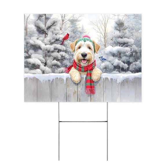 Playful Soft Coated Wheaten Terrier Welcomes Winter Snowy Day with Cardinal Bird Yard Sign Wheatie Dog Lover Outdoor Home Lawn Garden Porch Decor - 2017