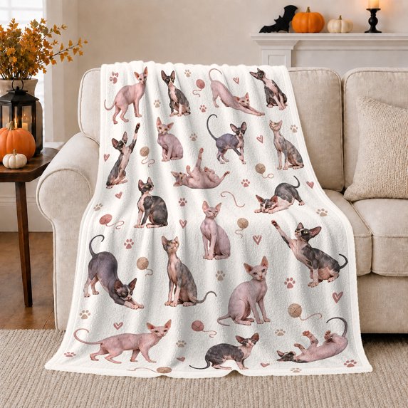 Playful Sphynx Cat Lovers Pink Paw Print Yarn, Playful Pet Portrait Pattern, Warm Flannel Blanket for Living Room and Reading Nook, Cat Lovers Friendship Gift, Pet Lover Home Decor