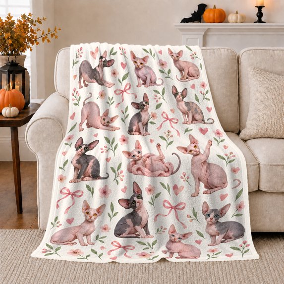 Playful Sphynx Cats Pink Hearts Flowers Sweet Cat, Playful Pet Portrait Pattern, Warm Flannel Blanket for Living Room and Bedroom, Cat Lovers Just Because Gift, Pet Lover Home Decor