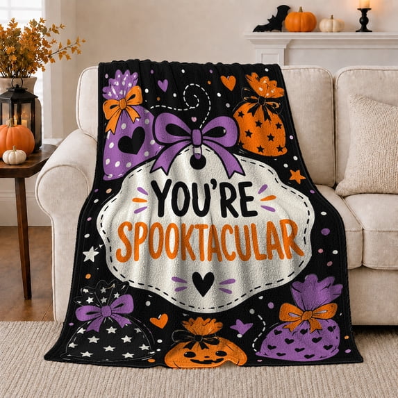 Playful Spooktacular Text Bag Design Halloween, Festive Halloween Scene, Warm Flannel Blanket for Living Room and Reading Nook, Art Lovers Halloween Gift, Festive Home Decor