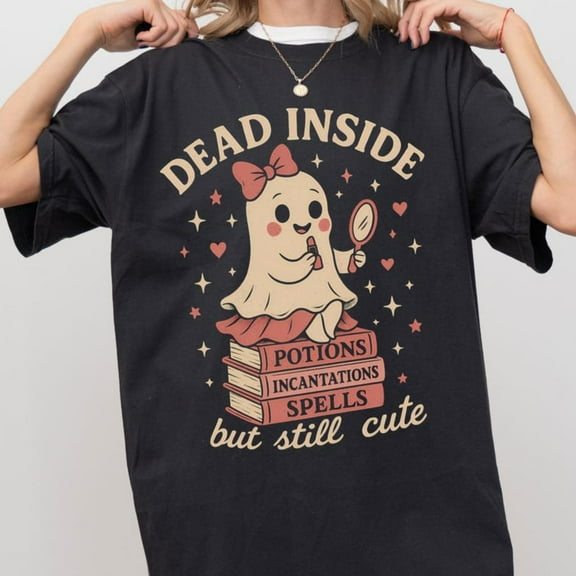 Playful Spooky - Cute Themed Patterned Tee,Tops Boasts a Ghost Applying Makeup & Spell Books Design, Round Neck Regular Fit T - shirts, Size(S - 5XL)