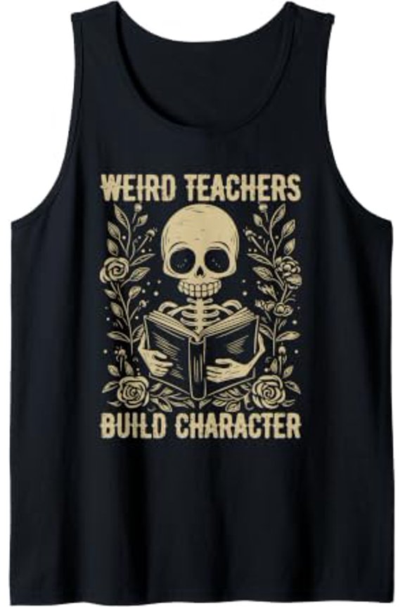 Playful Spooky Season Skeleton Book Floral Skull Weird Teacher Tank Top Size S-3XL