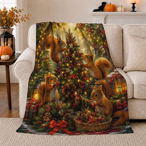 Playful Squirrels Christmas Tree Forest Scene, Playful Woodland Scene, Warm Flannel Blanket for Living Room and Family Room, Art Lovers Christmas Gift, Festive Home Decor