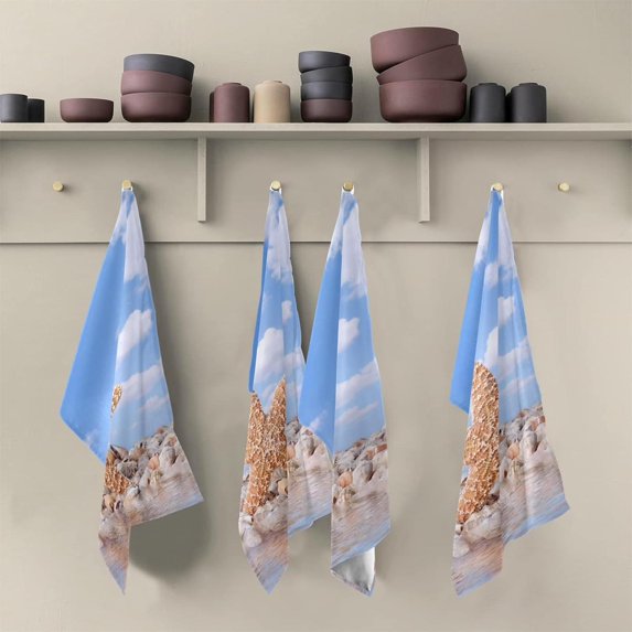 Playful Starfish Beach Tea Towels Set of 6 Blue Sky Kitchen Dish Cloth with Hanging Loop, 18"x28"Lint-Free Absorbent Towel for Kitchen Drying Wiping and Cleaning