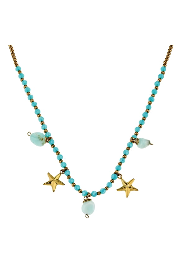 Playful Starfish Seashore Dangle Blue Quartz and Brass Beads Necklace