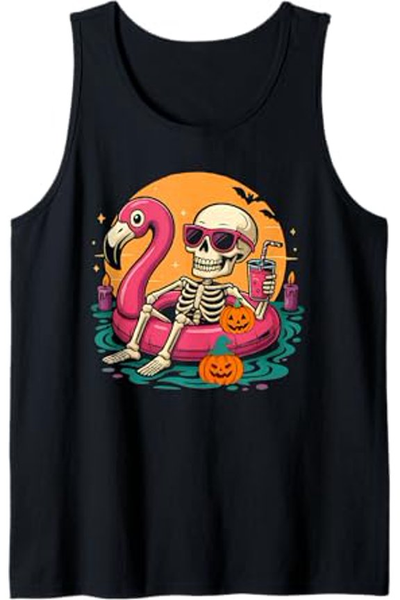Playful Summer Night Skeleton Floating In Flamingo Cute Spooky Tank Top Size S-3XL