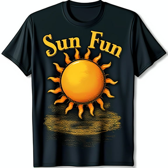 Playful Sun Graphic Black T-Shirt with 'Sun Fun' Text Style
