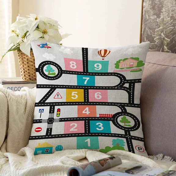 Playful Teal Pink and Black Numbered Road Map Square Pillow Case, 100% Polyester Velvet, Transportation Theme