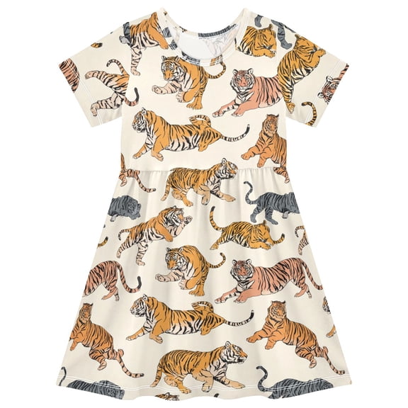 Playful Tiger Short Sleeve Dress A-Line Cute Midi Casual Sundress 2-8 Years
