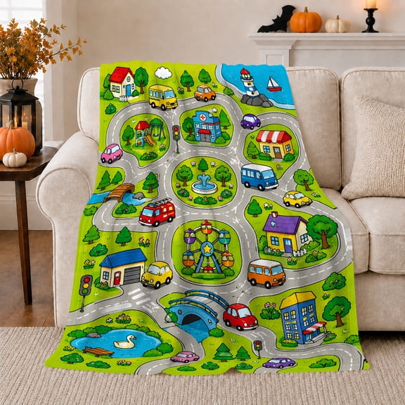 Playful Town Map Car Game, Peaceful Mountain Lake Scene, Warm Flannel Blanket for Cabin and Lodge with Detailed Artwork, Outdoor Lovers Camping Gift, Rustic Home Decor