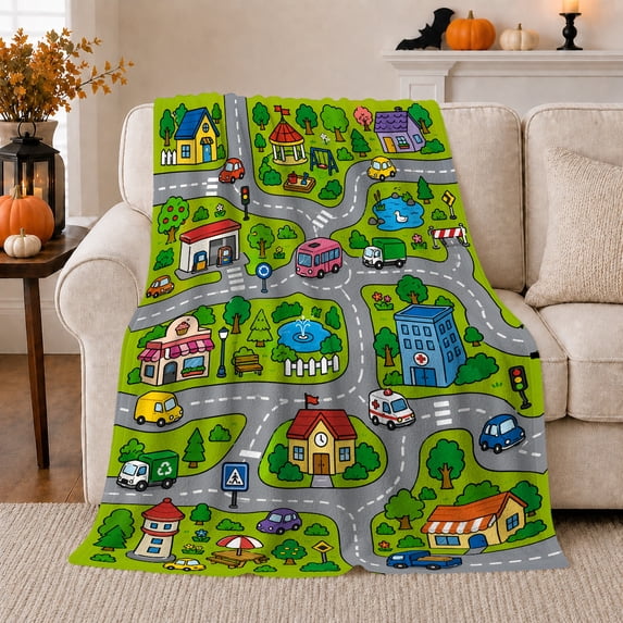 Playful Town Map Cars Trucks, Playful Bird Art Scene, Warm Flannel Blanket for Living Room and Reading Nook, Bird Lovers Valentine's Day Gift, Artistic Home Decor