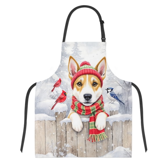 Playful Toy Fox Terrier Welcomes Winter Snowy Day with Cardinal Bird Apron Dog Lover for Cooking Grilling Baking Painting Gardening - 2017