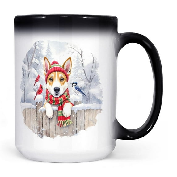 Playful Toy Fox Terrier Welcomes Winter Snowy Day with Cardinal Bird Heat Color Changing Mug Dog Lover Magic Coffee Mug - 2017