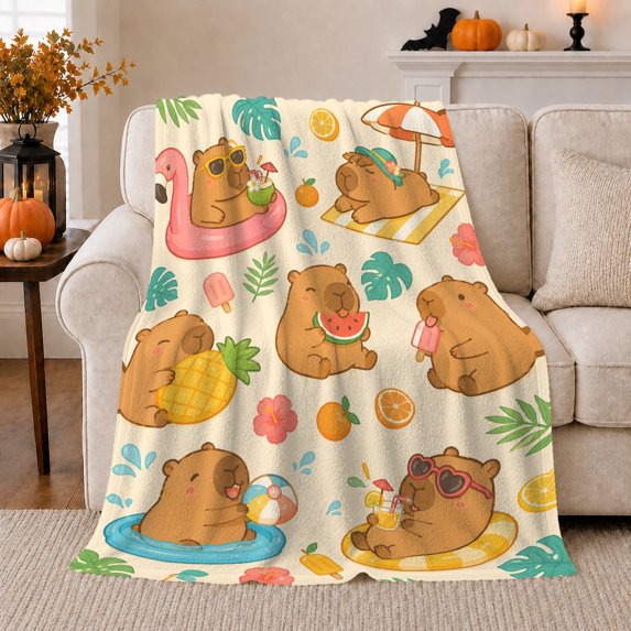 Playful Tropical Capybara Summer Activities, Playful Coastal Landscape Scene, Warm Flannel Blanket for Beach House and Living Room, Beach Lovers Housewarming Gift, Coastal Home Decor