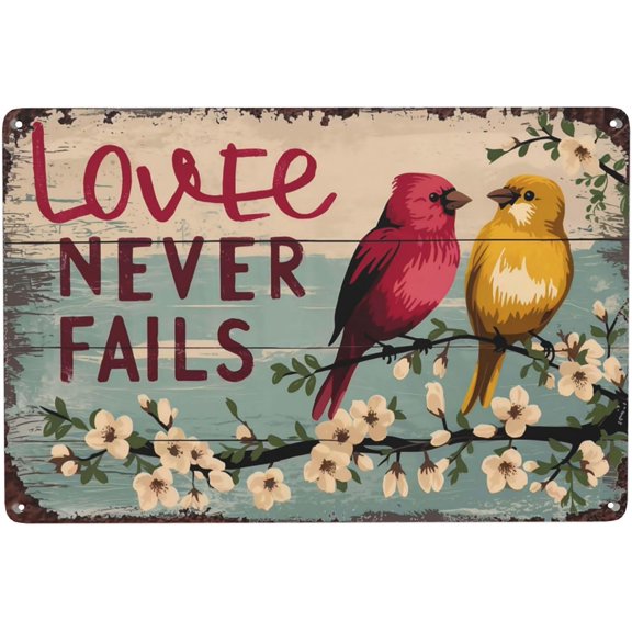 Playful Typography Cardinal Bird Love Never Fails Metal Tin Sign, Rustic Vintage Wall Art for Garden, Sunroom, Bedroom or Kitchen, 8 x 12 Inch