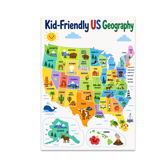 Playful US Map Wall Decor - Kid-Friendly Geography - 13x19 Glossy Poster Print