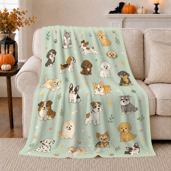 Playful Watercolor Dog Breed Scene Mint Green, Playful Pet Portrait Pattern, Warm Flannel Blanket for Living Room and Reading Nook, Dog Moms Friendship Gift, Pet Lover Home Decor
