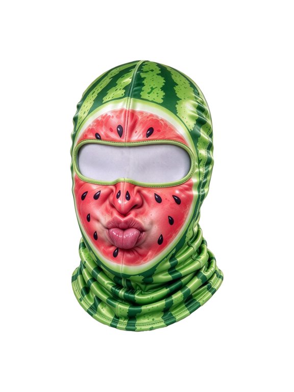 Playful Watermelon Balaclava, Novelty Full Face Ski Mask with Pouting Kissy Lips and Tongue, Stretchy Printed Cover for Skiing Snowboarding