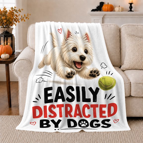 Playful West Highland White Terrier Leaping Easily Distracted, Playful Pet Portrait Pattern, Warm Flannel Blanket for Living Room and Reading Nook, Dog Lovers Christmas Gift, Pet Lover Home Decor