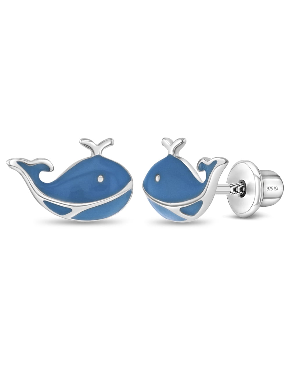 Playful Whale Kids / Girls Earrings Screw Back Enamel - Sterling Silver