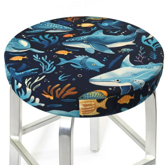 Playful Whales Underwater Scene Round Bar Stool Seat Covers, Elastic Round Chair Cover Stool Seat Slipcover Bar Stool Cushions Round Pad for 12-14 inch