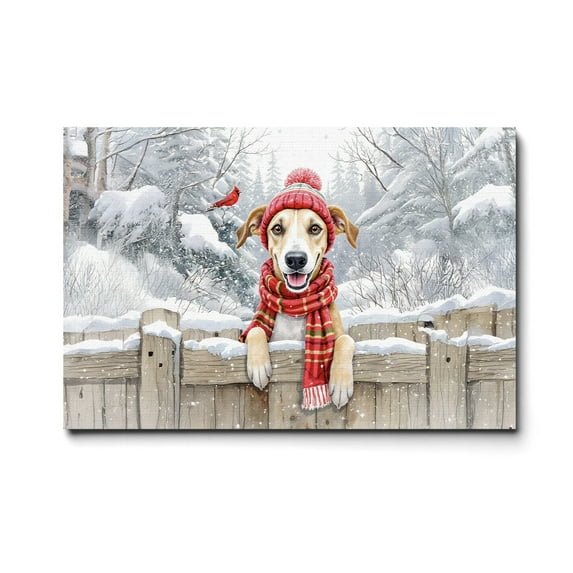 Playful Whippet Welcomes Winter Snowy Day with Cardinal Bird Horizontal Matte Canvas Poster Dog Lover Wall Art Home Decor - 2017