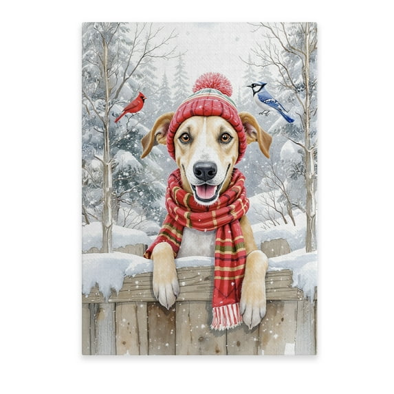 Playful Whippet Welcomes Winter Snowy Day with Cardinal Bird Vertical Matte Canvas Poster Dog Lover Wall Art Home Decor - 2017