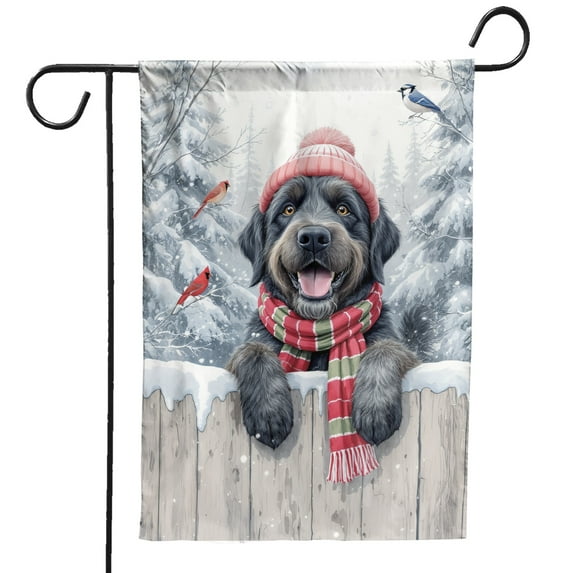 Playful Wirehaired Pointing Griffon Welcomes Winter Snowy Day with Cardinal Bird Garden Flag 12x18in Double Sided Dog Lover Outdoor Decor - 2017