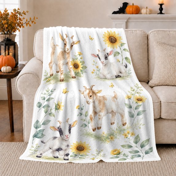 Playful families Goats Sunflowers Watercolor, Cozy Friendship Quote Scene, Warm Flannel Blanket for Living Room and Reading Nook, Art Lovers Thanksgiving Gift, Artistic Home Decor