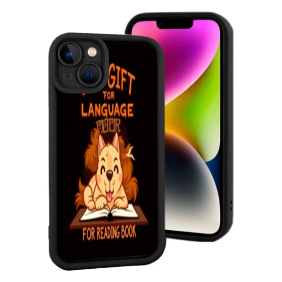 Playful iPhone 15 Case - Black Background with Dog Reading a Book ' Gift for Language ' & ' For Reading Book ' Text Lightweight & Yellowing Resistant