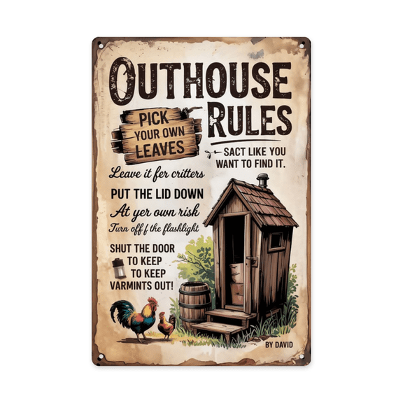 Playful typography wall art featuring Bathroom Outhouse Rules Metal Tin Sign Camping Cabin Decor Perfect For Hanging In Powder Room Bathroom Rustic Vintage 8x12 inch metal sign for home office wall