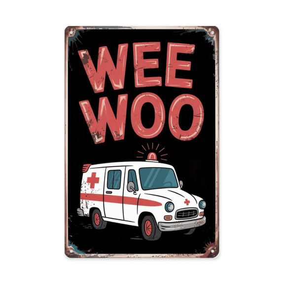 Playful typography wall art featuring Wee Woo Ambulance EMS EMT Paramedic Metal Tin Sign Medical Decor Perfect For Hanging In Hospitals Clinics Ambulances 8x12 inch metal sign for man cave wall