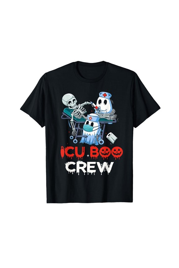 Playful vintage skeleton spirit Halloween ICU Boo Crew T-Shirt for Fun Spooky Celebrations