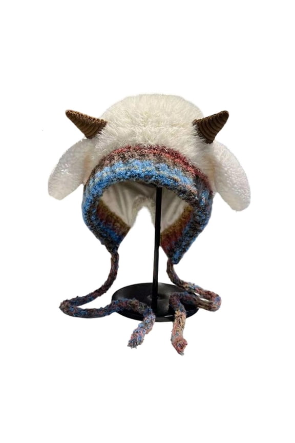 Playfulness Sheep Horn Winter Hat Stretchy Knitted Fabric Daily Wear And Outdoor