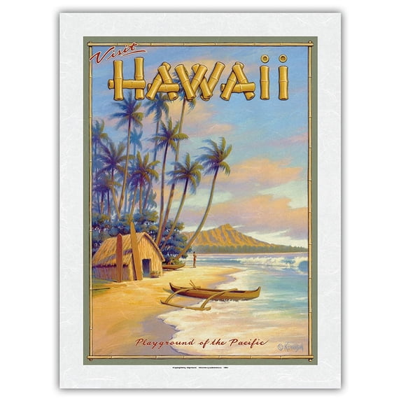 Playground of the Pacific - Visit Hawaii - Diamond Head Crater - Vintage Hawaiian Travel Poster by Kerne Erickson - Japanese Unryu Rice Paper Art Print 24 x 32 in