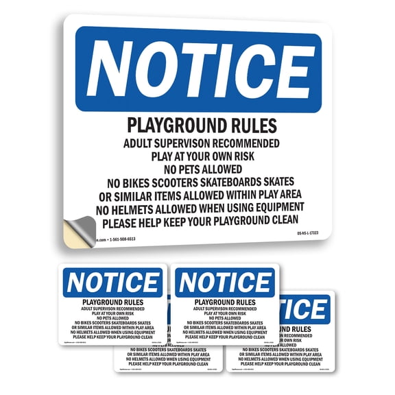 Playground Rules Adult Supervision Recommended OSHA Notice Vinyl Decal Label 5 Inch x 3.5 Inch - 5 Pack