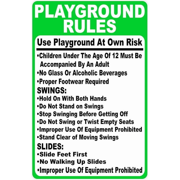 Playground Rules Playground At Your Own Risk with Rules Sign. 8" X 12" Metal.