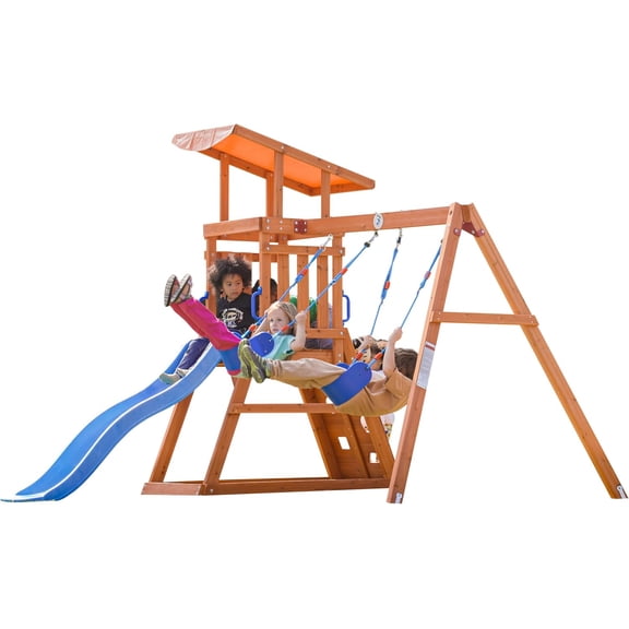 Playground Wooden Swing Sets for Backyard, Playground Sets for Backyards with Slide, Sandbox, Climbing Wall, and 2 Belt Swings, Outdoor Playset, Backyard Playground Set, Ages 2-6