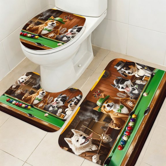Playing Billiards Bathroom Rugs Sets 3 Piece, Abstract Dog Board Games Absorbent Bathroom Mat Set with Non-Slip Rug, Toilet Lid Cover and Bath Floor Carpet Accessories Large Size