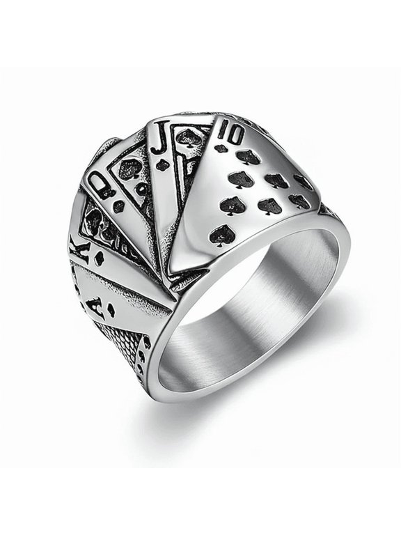Playing Card Design Ring Stainless Steel Silver Tone Statement Band Ring Poker Card Fashion Jewelry Wide Band Modern Engraved Ring Elegant Everyday Accessory