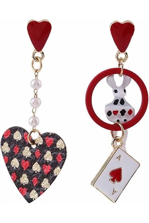 Playing Card Earrings for Women Red Heart Queen Poker Earrings Delicate Fashion Asymmetric Rabbit Love Heart Pearl Poker Dangle Drop Earrings Gambling Casino Chic Jewelry