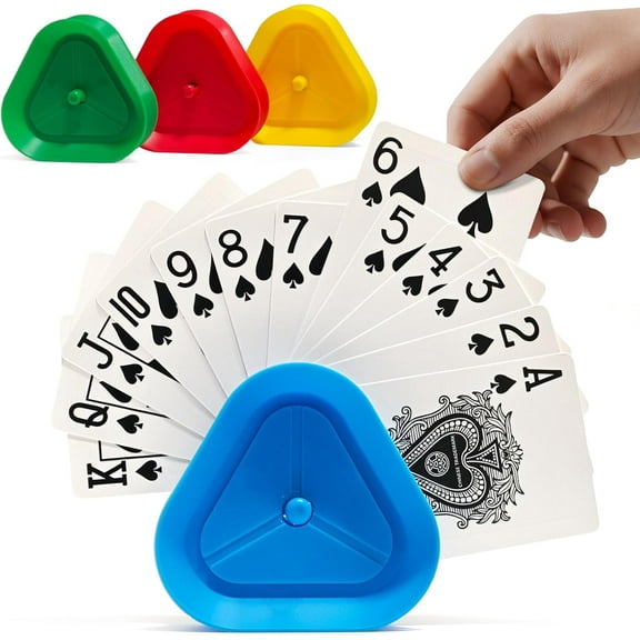 Playing Card Holders 4 Pack - Triangle Hands Free Card Holder for Kids, Adults, Seniors | Plastic Card Holders for Poker, Game Nights, Classroom Activities (4 Colors)