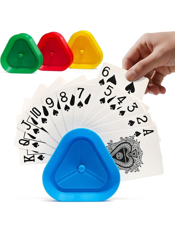 Playing Card Holders 4 Pack - Triangle Hands Free Card Holder for Kids, Adults, Seniors | Plastic Card Holders for Poker, Game Nights, Classroom Activities (4 Colors)
